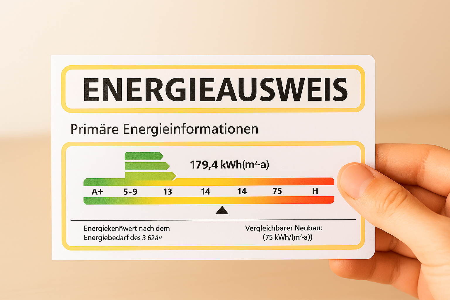 Energiebedarfsausweis für Wohngebäude mit Energieeffizienzskala als Beispiel für Energieberatung in Nordrhein-Westfalen