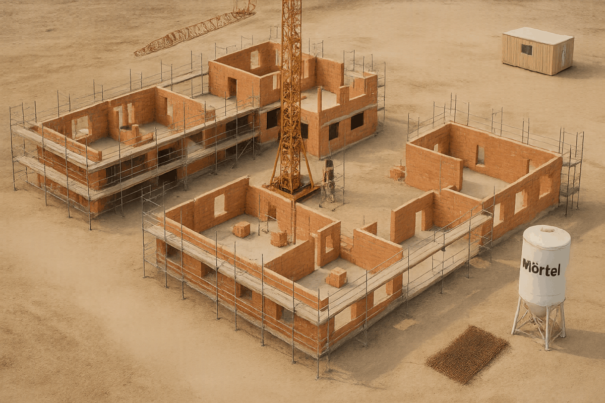 Rohbau aus Ziegeln mit Baugerüst und Mörtelsilo für die Baubegleitung zum klimafreundlichen Neubau.