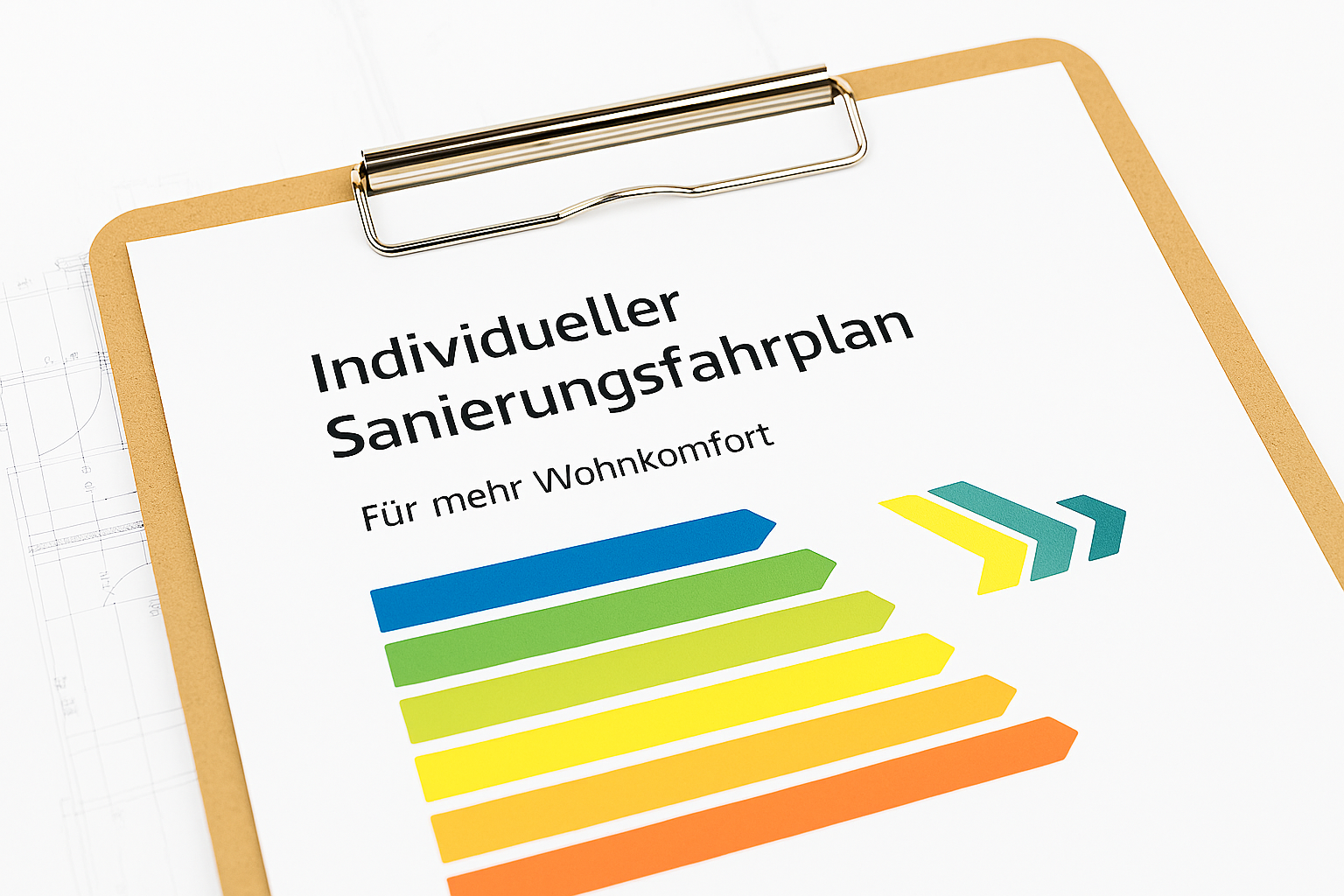 Dokument eines individuellen Sanierungsfahrplans mit grafischer Darstellung von Energieeffizienzstufen für Wohngebäude