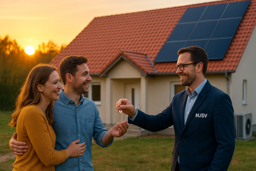 Schlüsselübergabe nach erfolgreicher Sanierung mit Baubegleitung vor einem Wohngebäude mit Photovoltaikanlage und Wärmepumpe