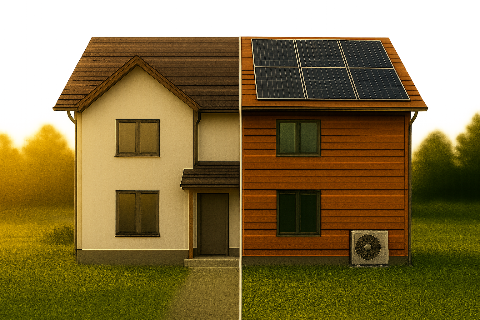 Vorher-Nachher-Darstellung eines Wohngebäudes mit energetischer Sanierung, Fassadenmaßnahme und Anlagentechnik im Rahmen eines Sanierungsfahrplans