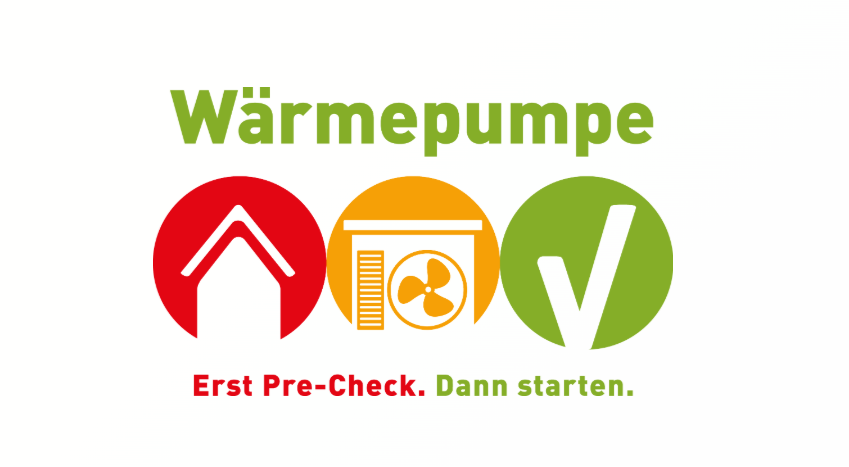 Offizielles Logo der Kampagne Wärmepumpen Pre-Check mit dem Slogan Erst Pre-Check Dann starten.