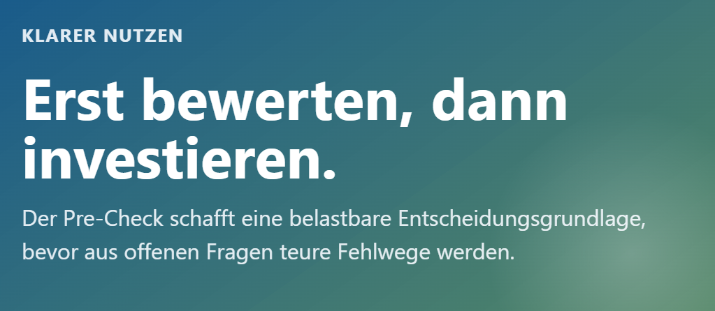 Nutzen-Grafik zum Wärmepumpen Pre-Check mit dem Text Erst bewerten dann investieren.