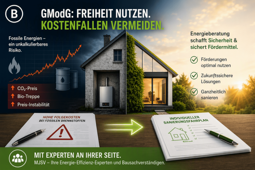 Vergleich zwischen fossiler Heiztechnik mit steigenden Energiekosten und energetisch saniertem Wohnhaus mit individuellem Sanierungsfahrplan sowie Vorteilen einer Energieberatung.