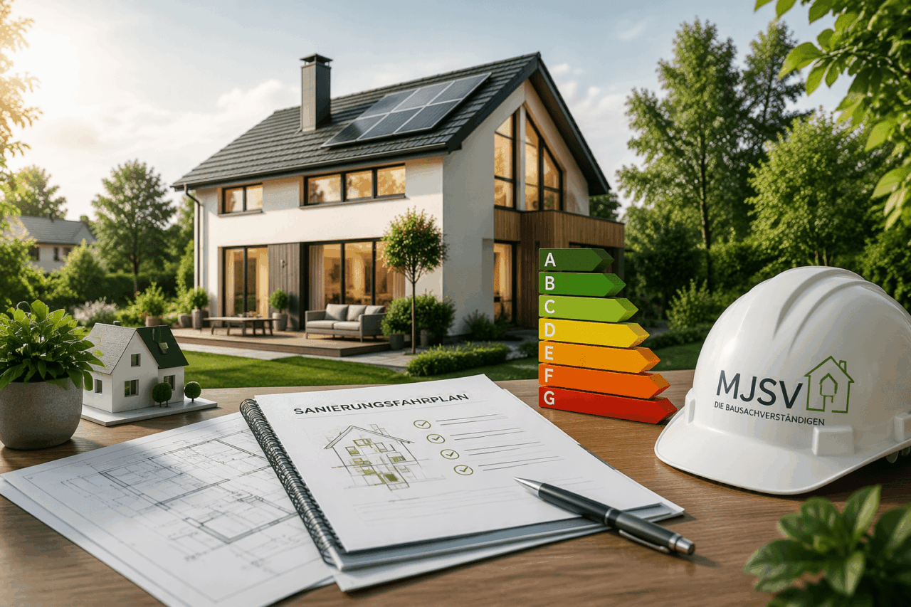 Modernisiertes Einfamilienhaus mit Energieeffizienzskala, Sanierungsfahrplan und Energieberatung im Zusammenhang mit dem Gebäudemodernisierungsgesetz.