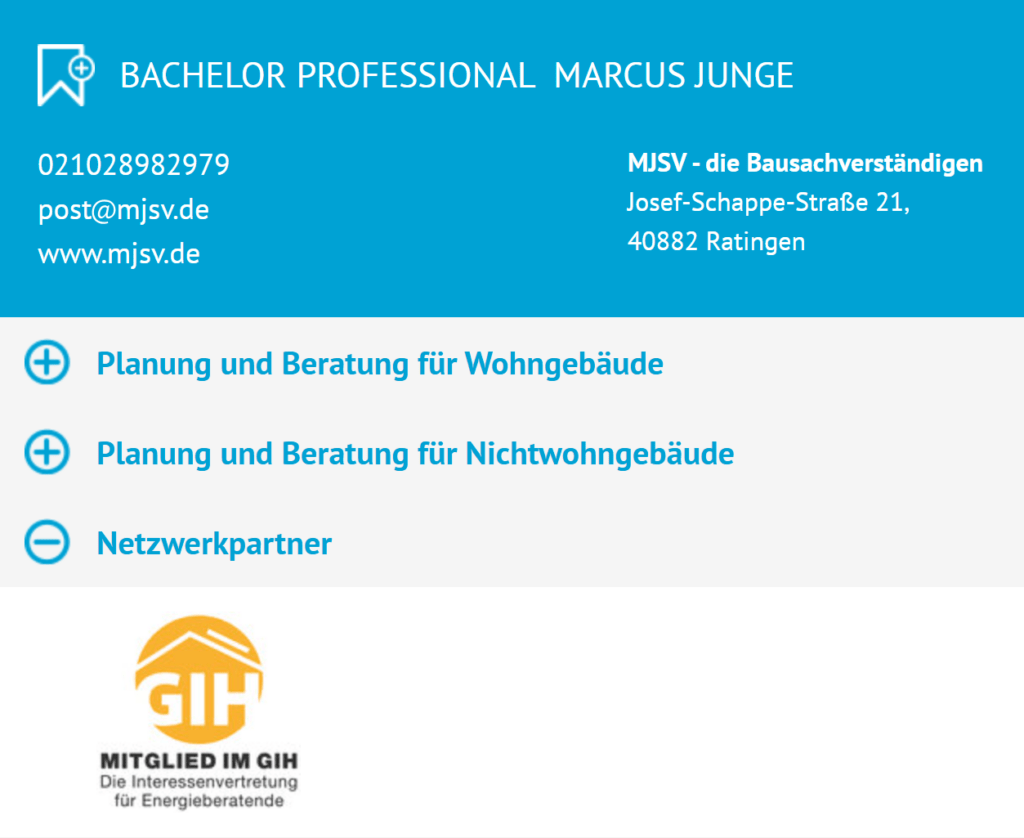 Auszug aus der Energieeffizienz-Expertenliste mit Eintragung für die Planung und Beratung von Gebäuden im Bereich Energieberatung und individueller Sanierungsfahrplan.