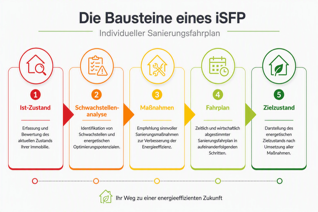 Infografik zum Aufbau eines individuellen Sanierungsfahrplans mit den Schritten Ist-Zustand, Schwachstellenanalyse, Maßnahmen, Fahrplan und Zielzustand.