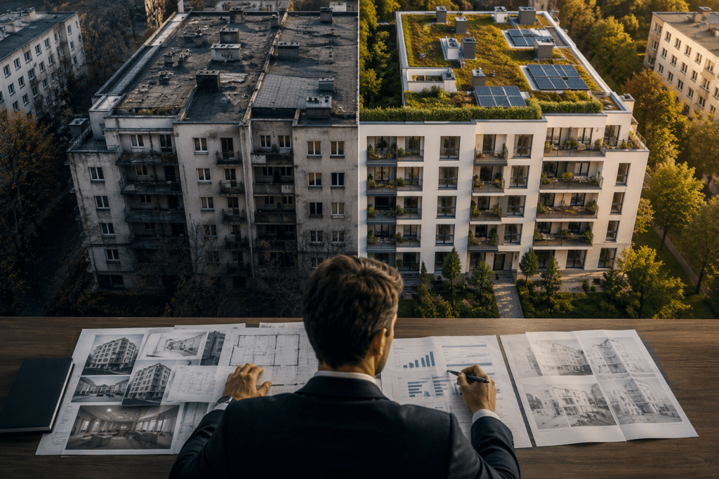 Investor bewertet unterschiedliche Sanierungsstrategien für ein Mehrfamilienhaus und vergleicht die Auswirkungen auf Werterhalt und langfristige Immobilienrendite.