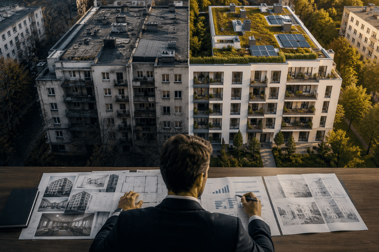 Investor bewertet unterschiedliche Sanierungsstrategien für ein Mehrfamilienhaus und vergleicht die Auswirkungen auf Werterhalt und langfristige Immobilienrendite.
