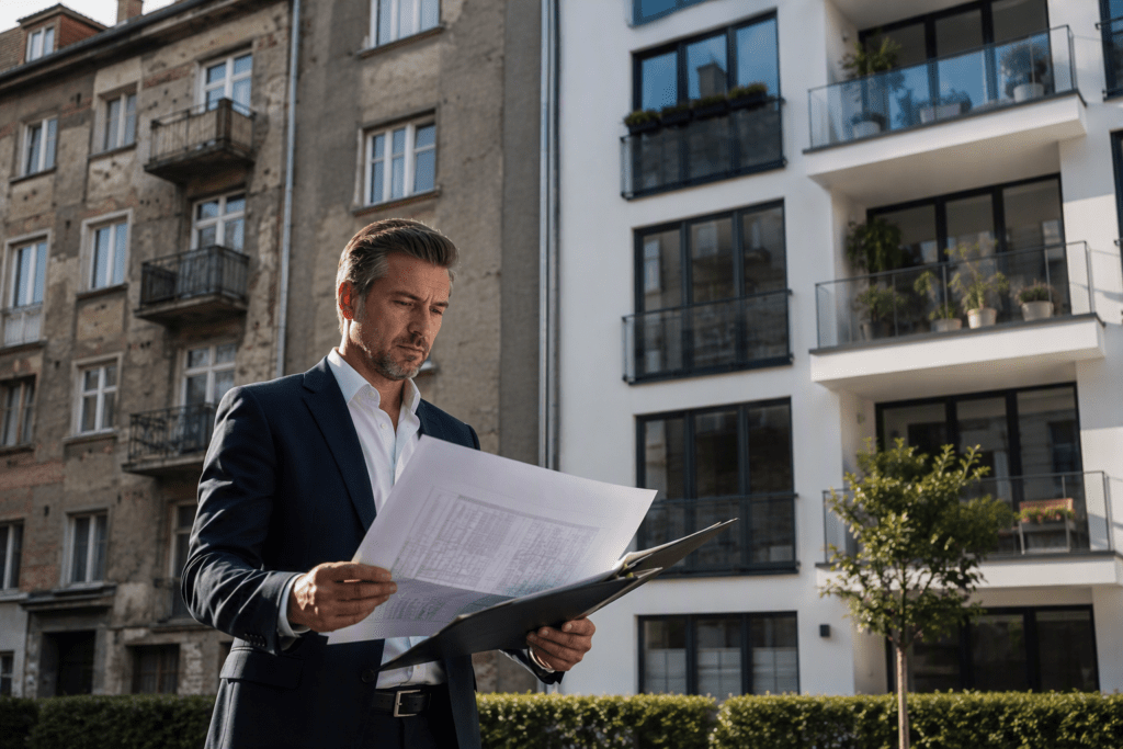 Investor prüft Unterlagen vor einer Bestandsimmobilie und einer modernisierten Wohnanlage zur Bewertung langfristiger Sanierungsstrategien.
