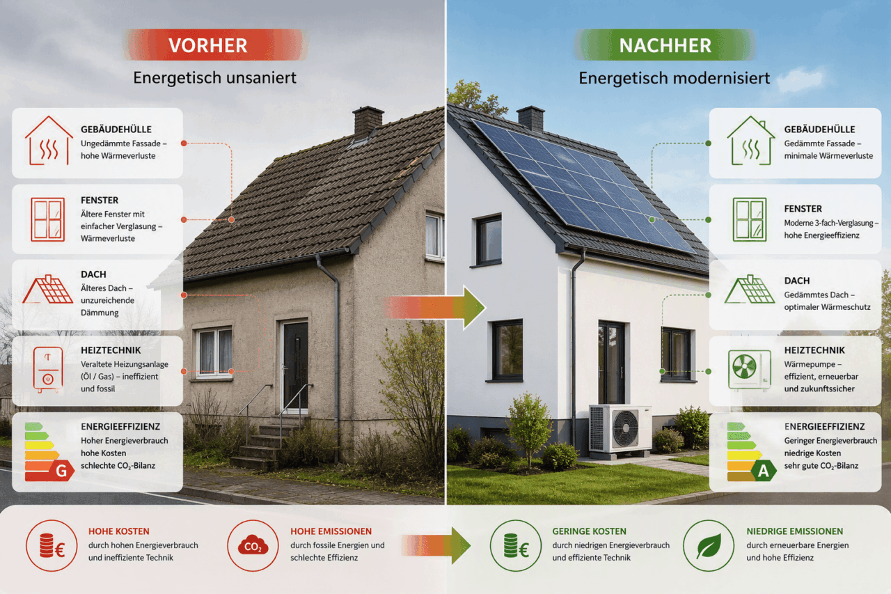 Vergleich zwischen einem unsanierten und einem modernisierten Einfamilienhaus mit Verbesserungen an Fassade, Fenstern, Dach und Heiztechnik.