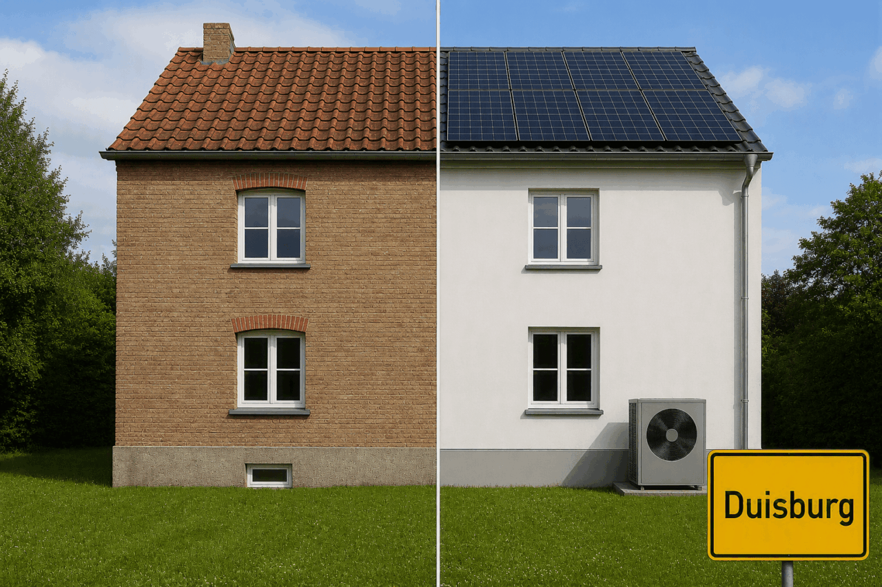 Vergleich zwischen Bestandsgebäude und energetisch modernisiertem Wohngebäude mit Photovoltaik und Wärmepumpe in Duisburg