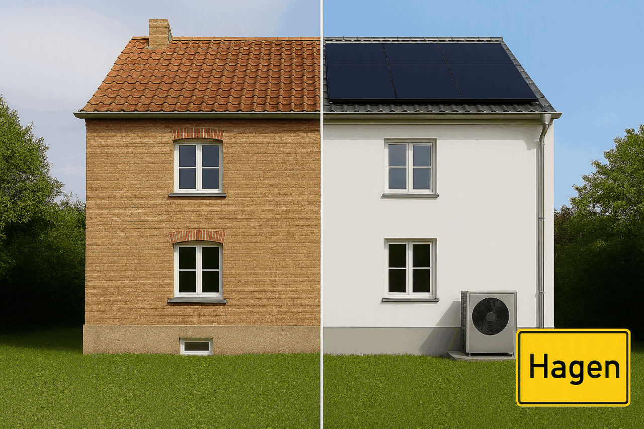 Vergleich zwischen unsaniertem und energetisch modernisiertem Wohngebäude mit Photovoltaik und Wärmepumpe in Hagen