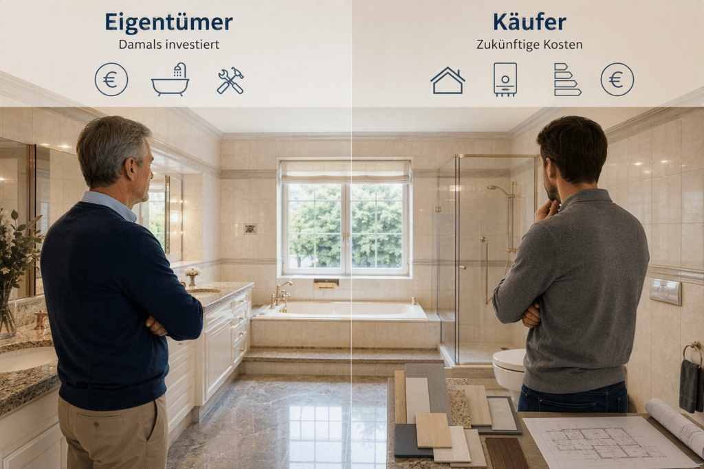 Eigentümer und Kaufinteressent bewerten dasselbe Badezimmer unterschiedlich. Während der Eigentümer frühere Investitionen berücksichtigt, kalkuliert der Käufer zukünftige Modernisierungs- und Renovierungskosten.