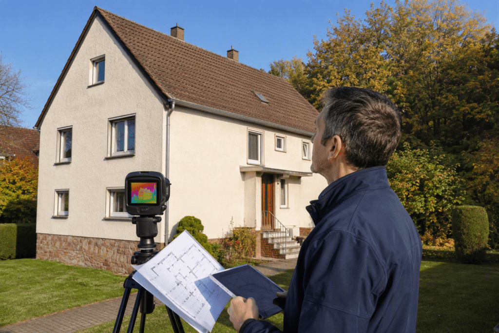 Gebäudeanalyse eines Einfamilienhauses mit Wärmebildkamera, Bauplänen und Tablet vor einer geplanten energetischen Sanierung.