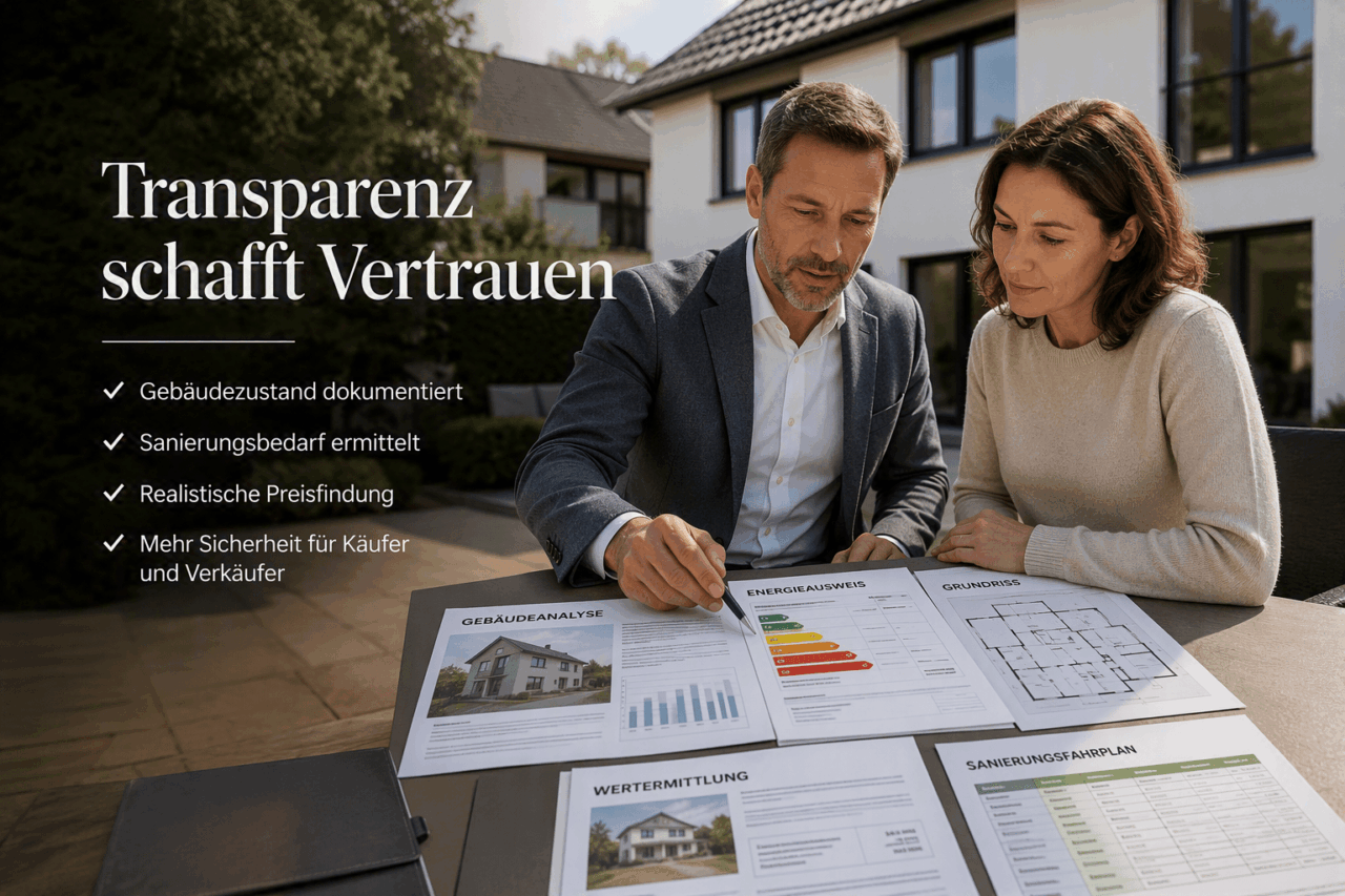 Immobilienbewertung mit Verkehrswertgutachten und Sanierungsfahrplan Professionelle Immobilienbewertung mit Gebäudeanalyse, Energieausweis, Wertermittlung und Sanierungsfahrplan zur realistischen Kaufpreisermittlung eines Wohnhauses.