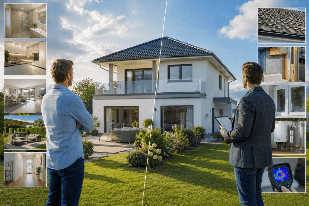 Gegenüberstellung von Eigentümer- und Käuferperspektive bei der Bewertung einer Immobilie. Verkäufer betrachten frühere Investitionen, während Käufer zukünftige Modernisierungs- und Sanierungskosten berücksichtigen.