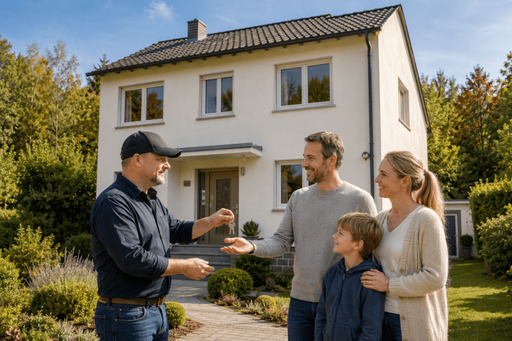 Familie vor modernisiertem Altbau nach Sanierung und Erhalt der Förderung Jung kauft Alt