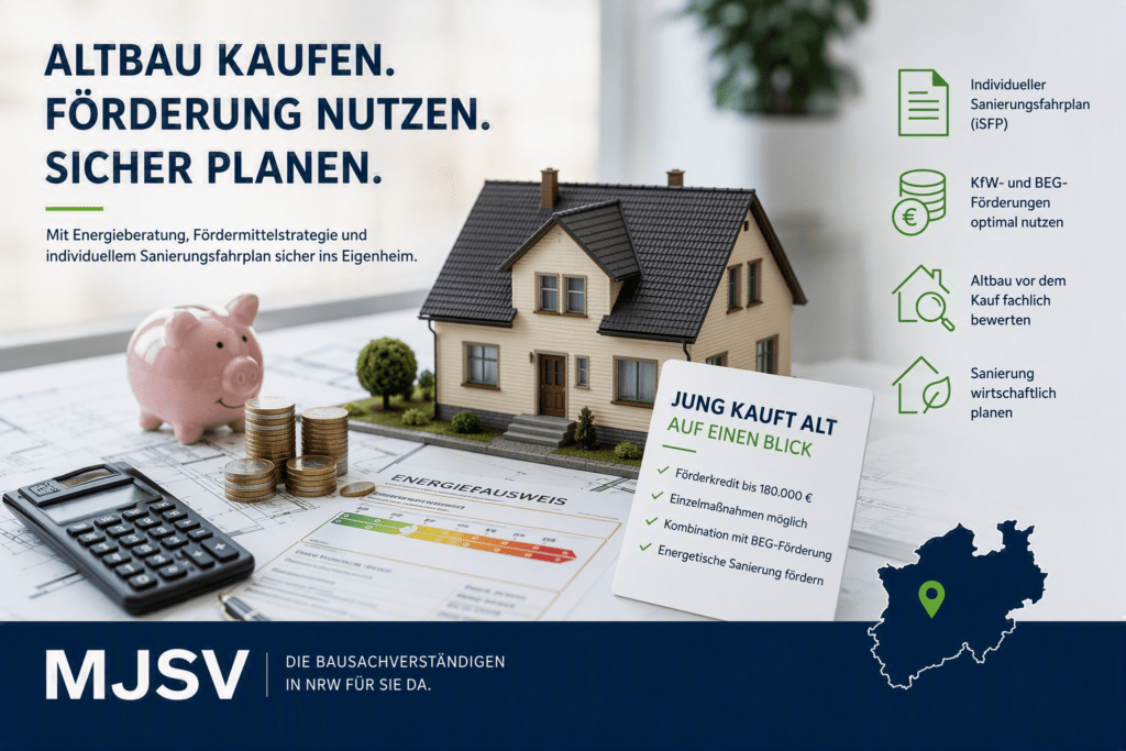 Modell eines Einfamilienhauses mit Fördermitteln, Energieausweis und Informationen zur Förderung Jung kauft Alt sowie individuellem Sanierungsfahrplan.