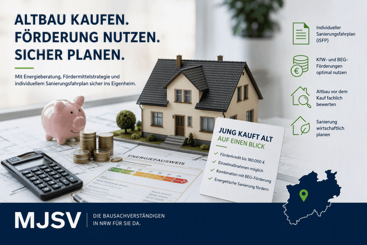 Modell eines Einfamilienhauses mit Fördermitteln, Energieausweis und Informationen zur Förderung Jung kauft Alt sowie individuellem Sanierungsfahrplan.