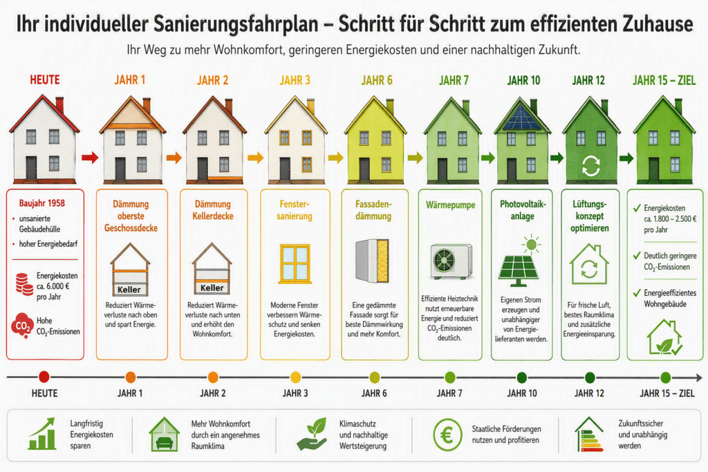 Grafische Darstellung eines Sanierungsfahrplans für ein Einfamilienhaus aus den 1950er Jahren mit Dämmung, Fenstersanierung, Fassadendämmung, Wärmepumpe und Photovoltaik.