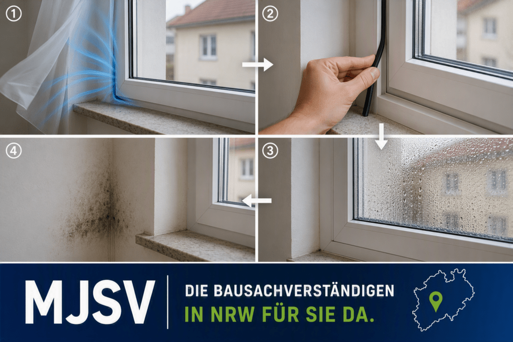 Infografik zur Bauphysik: Zugluft am Fenster, Abdichtung, Kondensatbildung und mögliche Schimmelbildung als Folge reduzierten Luftaustauschs