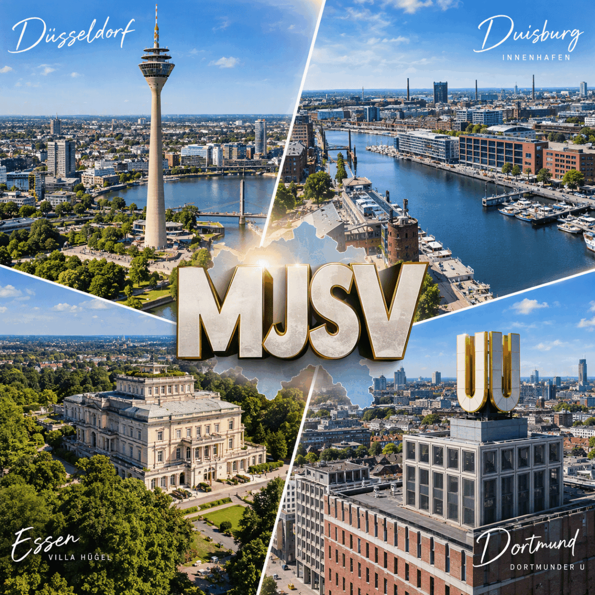 MJSV Firmenlogo inmitten einer Bildcollage der Einsatzorte Düsseldorf, Duisburg Innenhafen, Essen Villa Hügel und Dortmunder U.